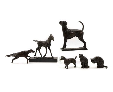 ▴ Deborah Burt three bronze figures, signed, comprising 'Standing Hound', numbered 11/25, 15.5cm wide, a smaller dog, numbere
