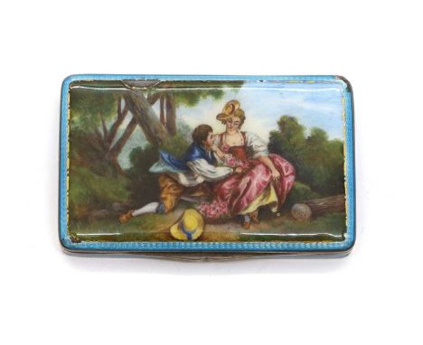 A silver and enamelled snuff box,  Continental, 925 and London import marks, depicting a courting couple, to a guilloche bord