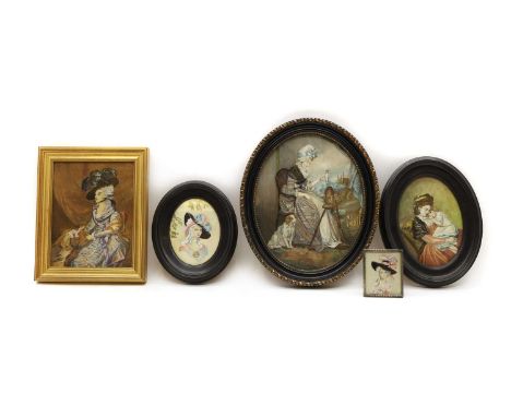 A group of five embroidered and painted portraits mid 20th century, comprising:two oval embroidered and watercolour pictures,