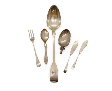 A group of silver flatware, comprising a serving spoon, by Robert Williams &amp; Sons, Exeter 1848, two fish knives, Sheffiel