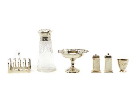 A collection of silver items comprising a four-division toast rack, by Viners, Sheffield 1939, a tazza, by Ollivant &amp; Bot