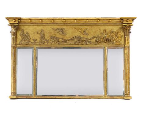 A Regency-style giltwood and gesso overmantel mirror late 19th/ early 20th century, the frieze decorated in relief with a neo