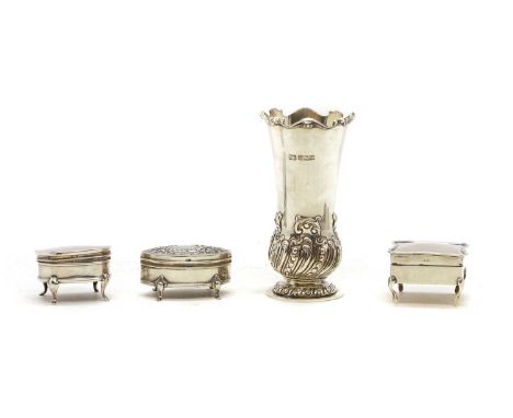 A collection of silver items comprising a flower vase, by Harrison Brothers &amp; Howson, Sheffield 1908, a square section tr