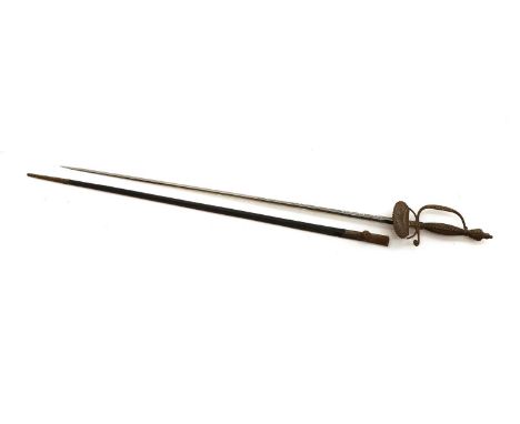 A court sword possibly French, 19th century, the blade with etched decoration, and leather scabbard,96cm long, the blade 29cm