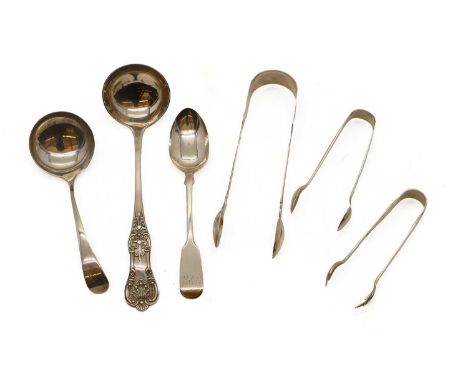 A collection of silver flatware comprising three pairs of sugar tongs one by Henry Atkin, Sheffield 1889, 9.5cm long, two lad