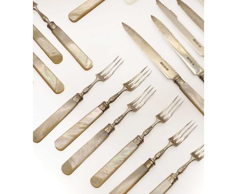 A set of mother of pearl and silver fruit knives and forks by Harrison Brothers & Howson, Sheffield 1910, for twelve settings
