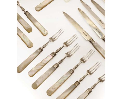 A set of mother of pearl and silver fruit knives and forks  by Harrison Brothers & Howson, Sheffield 1910, for twelve setting