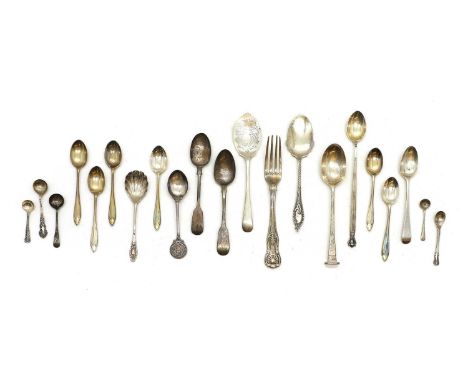 A collection of silver spoons to include two jam spoons, Sheffield 1906, a Victorian shell form example, a set of six of Mapp