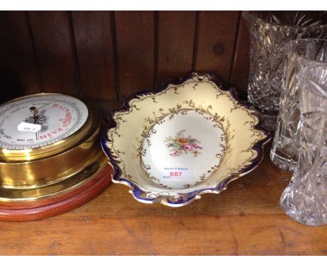 CHINA DISH THREE GLASS VASES AND A BAROMETER