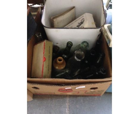 BOX OF BOTTLES AND ENAMEL BREADBIN     T3