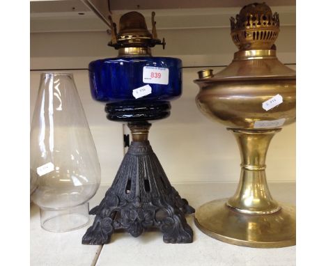BRASS OIL LAMP WITH FUNNEL AND CAST AND GLASS OIL LAMP WITH FUNNEL      G4