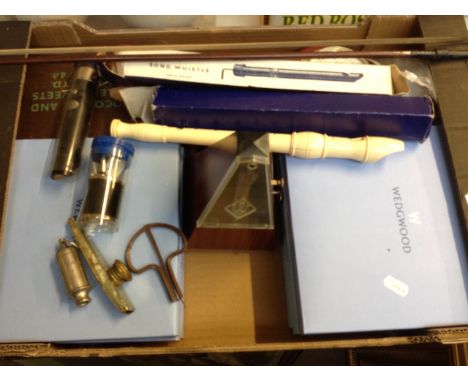 BOX OF WEDGWOOD PLATES, RECORDER, METRONOME ETC.      T2