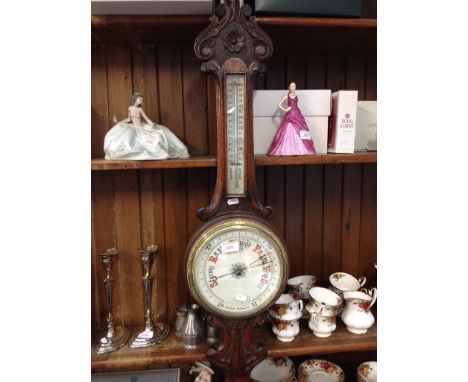 CARVED OAK ANEROID BAROMETER 84CM