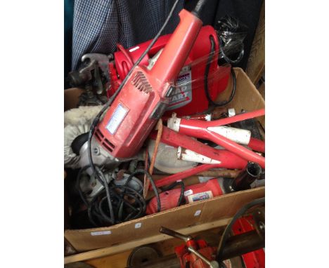 BOX OF TOOLS, ANGLE GRINDER, AXLE STANDS, CAR JUMP START