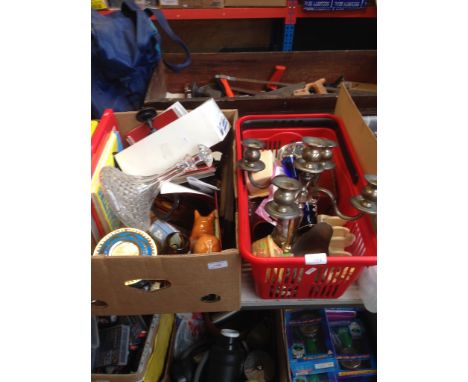 2 BOXES INC. CANDELABRA, GLASS DECANTER, CLOCK ETC.
