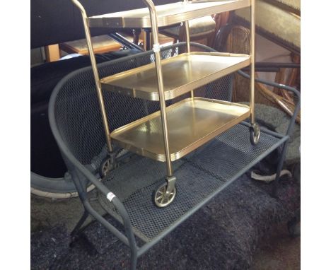 A METAL BENCH AND A RETRO TEA TROLLEY