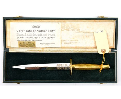 A WWII Commemorative Commando knife by Wilkinson Sword,  no W.037 of a limited edition of 500, with certificate, in its velve