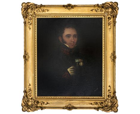 An oil on canvas: Portrait of Lt Colonel William Pearce of The 60th Kings Royal Rifle Corps, half length and wearing 2 awards