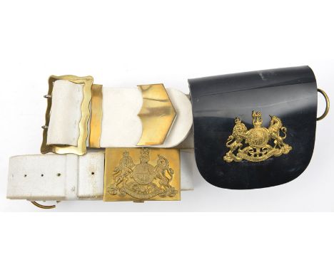 An ERII shoulder belt and pouch of the Royal Horse Guards, buff leather belt with crimson flask cord, plain brass buckle, tip