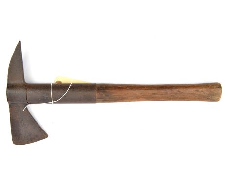 A WWII period fireman’s axe, steel blade and spike with iron top to wooden haft, 16” overall. GC (dark rust pitting overall) 