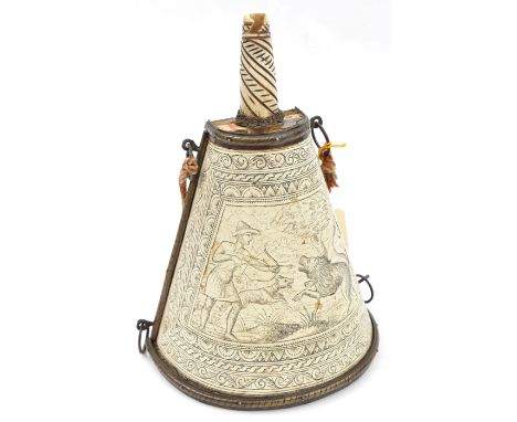 A decorative flask in the style of the late 16th century,  10½” overall, of truncated semi conical shape, the body painted to