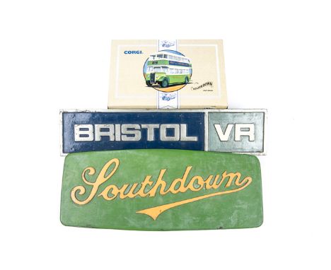 A small quantity of bus related items. An aluminium radiator plate for a Bristol VR. Another fibreglass example for Southdown