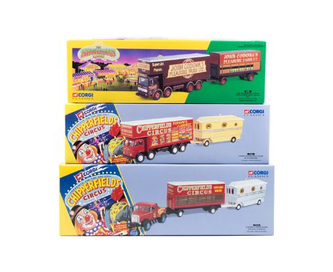 6 Corgi Classics Circus sets. 2 x Chipperfields Circus: Foden Closed Pole Truck with Caravan. Scammell Highwayman Trailer & C