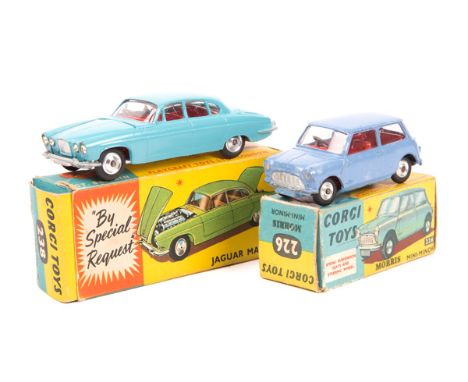 2 Corgi Toys. Morris Mini Minor (226) in lilac with red interior. Plus a Jaguar Mark X (238) in light blue with red interior.