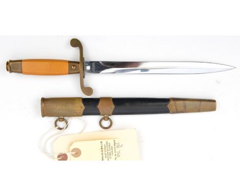 A Soviet Russian dress dagger, DE blade 8½”, marked A03286 and Cyrillic monogram /57 at forte, brass S shaped crossguard and 