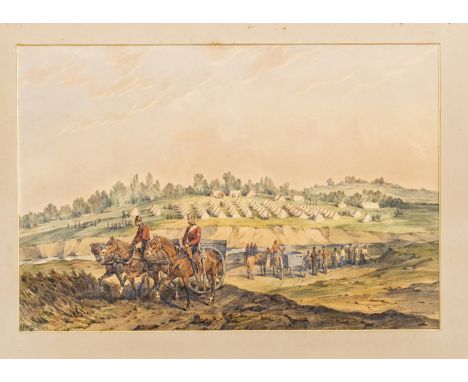 A watercolour painting of a cavalry camp scene by Orlando Norie, showing horse drawn carts and troops in undress uniform enga