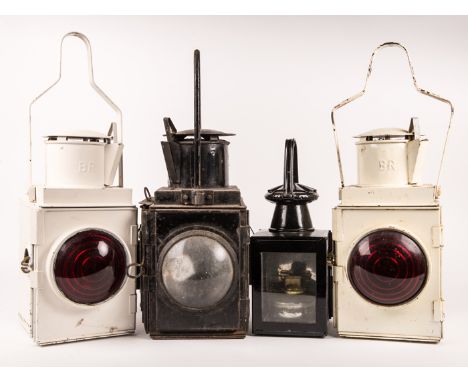 4 BR Railway lamps. 2x BR square section white painted tail lamps with red lens. A black hand lamp with clear glass on 3 side