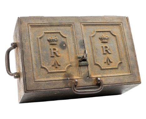 An interesting 19th century heavy iron strong box, the lid having two sunken panels embossed with Vic crown over “R” (revenue