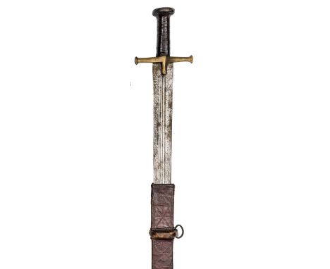 A good 19th century Sudanese sword kaskara,  broad flat DE blade 37½”, with central fuller, triple for 1/3rd length, etched o