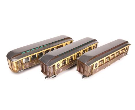 6 O gauge/G gauge scale railway Pullman Cars. A Brake First Observation Coach (Gladys Ella), 2x First Class Dining Cars (Dyly