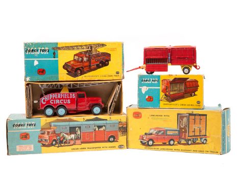 4 Corgi Toys. 3 Major Toys Chipperfield’s – Circus Crane Truck (1121). Circus Animal Cage (1123) with Polar Bears. Plus a Cir