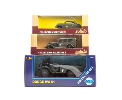 4 Gonio 1:24 military vehicles. Volkswagen-82 Kubelwagen Ambulance (1002), in dark grey. Volkswagen-82 Kubelwagen Tropic (100