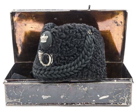 A Victorian officer’s astrakhan busby of The Rifle Brigade, embroidered top, plaited cords to front and plain loops to back, 
