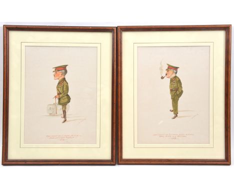 2 WWI watercolour caricatures: “Lieut. General Sir F.J. Davies, KCB, KCMG 1918”, hands in pockets smoking a thoughtful pipe, 