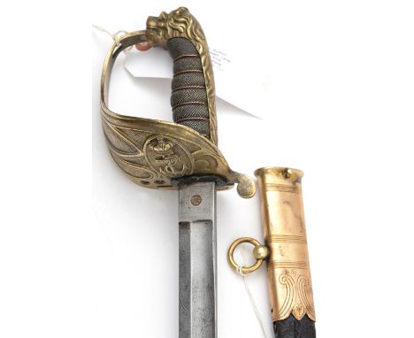 A late Vic RN officer’s sword, very slightly curved blade 33”, etched with crowned fouled anchor on one side and crowned R Ar