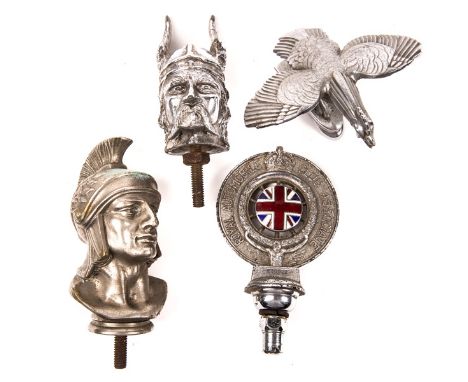 3 Motor Car Mascots. A Viking Head, from a 1920s/1930s Rover. A Cockerel, from a 1930s Singer Bantam. A Roman head, possibly 