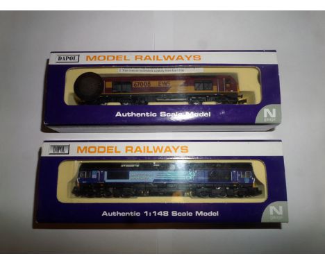 2 Dapol N gauge locomotives. A Direct Rail Services Co-Co class 66 66417 in purple and light blue livery. Plus a Bo-Bo class 