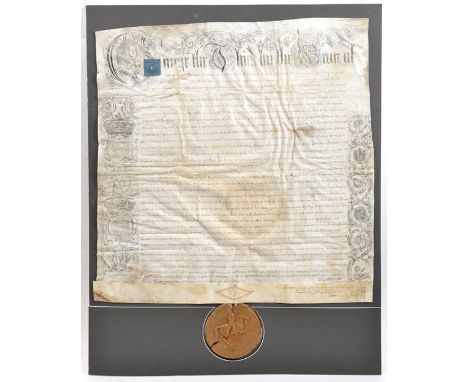 A Geo. III handwritten document on parchment appointing Luke Fox to an official position in Ulster d 1799, printed Royal Arms