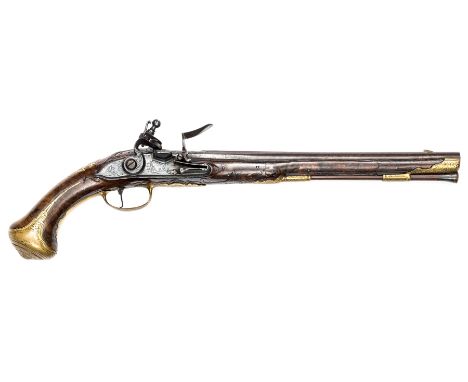 A good Austrian 20  bore flintlock holster pistol by Georg Keiser, c 1730, 19½” overall, barrel 13½” with shaped and engraved