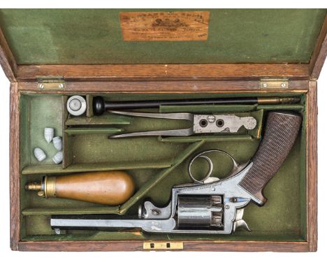 A cased 5 shot 54 bore Beaumont Adams double action percussion revolver of US Civil War interest,  11½” overall, barrel 6”, L