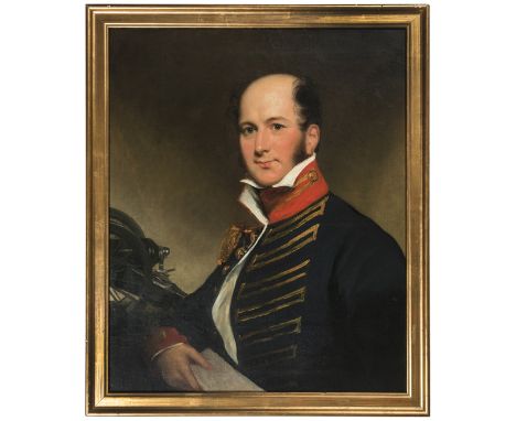 An oil on canvas portrait, of a British artillery officer in full dress, c 1800, half length, blue coatee, scarlet stand up c