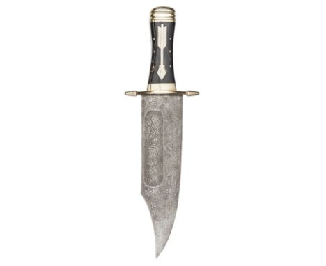 A massive heavy bowie knife, blade 12” x 3”, with wide dish style fuller on each side, and etched watering overall, brightly 