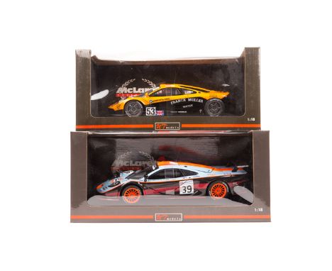 2 limited issue UT Models 1:18 McLaren GT1 class sports racing cars. A Le Mans F1 GTR Gulf Long Tail, RN39 Bell, Scott and Se