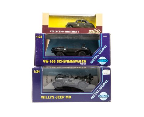 4 Gonio 1:24 military vehicles. Volkswagen-82 Kubelwagen Afrika Korps (1001) in desert sand livery. Willys Jeep MB (1003) in 