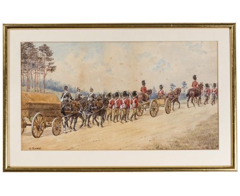 A watercolour  by Richard Simkin featuring Coldstream Guards, a detachment with machine gun and limber with rider, mounted of