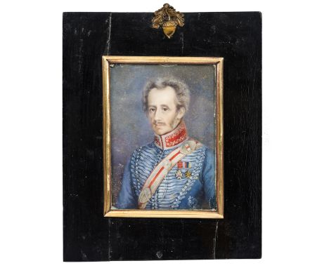 A miniature on ivory of Brigadier General Alexander Pope, half length in full dress, 4½” x 3¼”, gilt inner frame, on ebony 7”